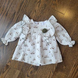 Foque Baby Girl Fox and Stars Patterend Dress with Dark Olive Green Edging